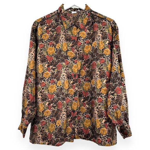 Vintage Tops - VINTAGE SILK Autumn Brown Floral 100% Silk Lightweight Button Up Shirt Blouse